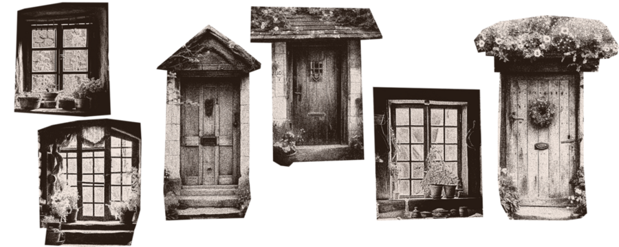 Scan Magazine, newspaper clipping, Vintage elements. illustration of grunge dadaism texture icons for psychedelic. doors, windows, house, windowsill, entrance.