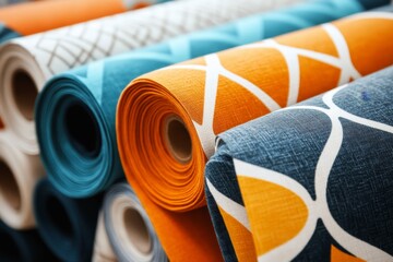 A colorful selection of upholstery fabrics displayed in rolls, with patterns ranging from classic to modern designs