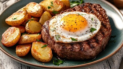 Grilled Steak with Fried Egg and Roasted Potatoes on Plate