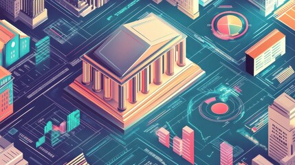Illustration of a government budget influenced by economic policy, represented by digital charts and spending categories illustration