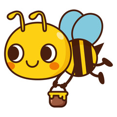 Obraz premium Funny Honey Bee Cartoon, Sweet happy spring, Cute Cartoon Bee Carrying Honey