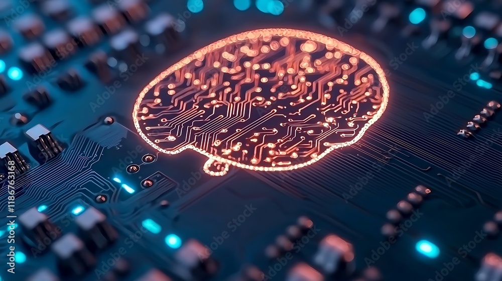 Poster abstract digital visualization of a brain circuitry on a technology background highlighting innovati