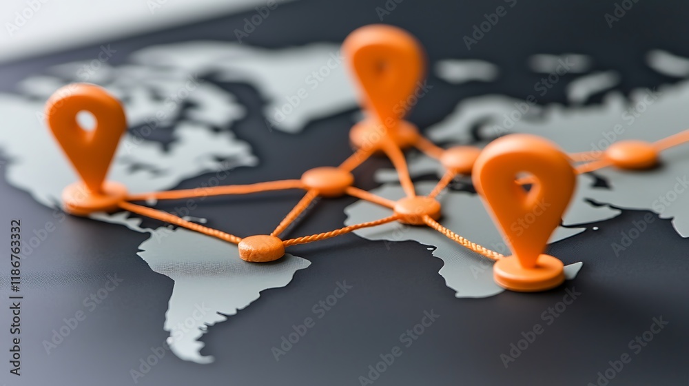 Poster abstract visualization of a global network with orange markers and connections on a dark background 