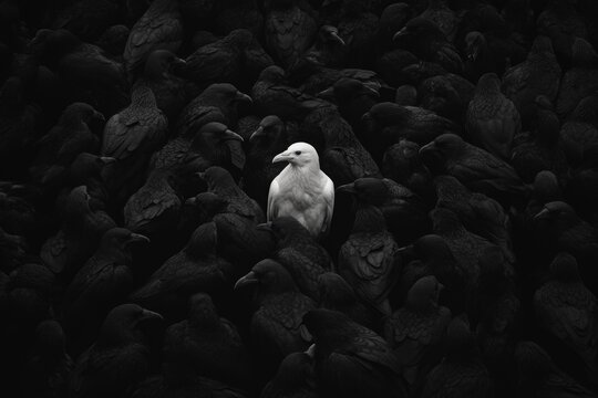 A white crow, among the many common black crows. The concept of uniqueness