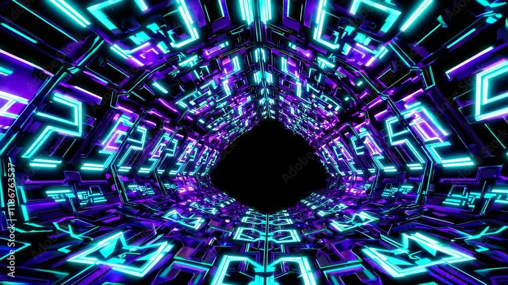 Aufkleber Exploring a vibrant neon tunnel with pulsing lights and geometric patterns