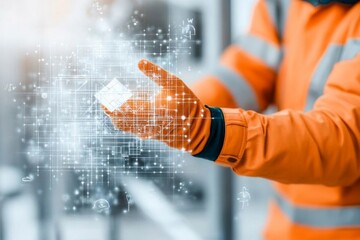 A construction worker under a tall scaffold, holding a blueprint and pointing towards a partially built structure