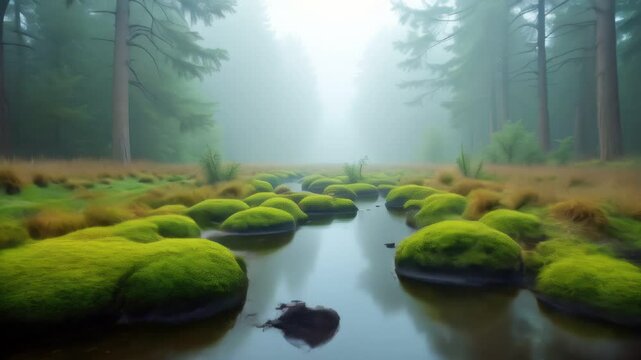 Area of moss covered rocks in a swamp, landscape background 