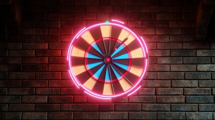 Neon dartboard on brick wall.