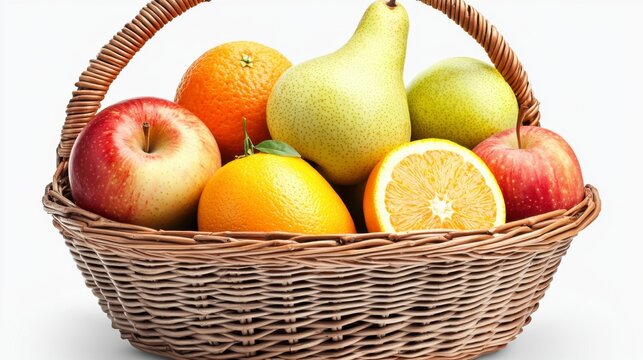 Fruit Basket Abundance: A rustic wicker basket overflowing with a vibrant mix of fresh, ripe apples, oranges, and pears, suggesting a healthy and wholesome lifestyle.