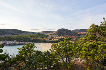 An elevated view on a beautiful autumn day, looking down on Sand beach and the nearby Beehive mountain. It is near the end of fall, and many of the leaves are still on the trees.