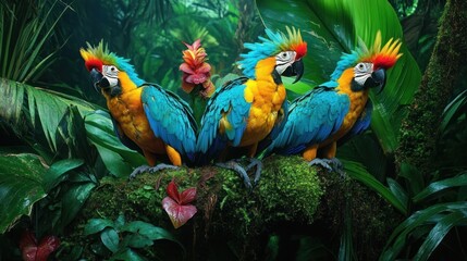 Three vibrant blue-and-gold macaws perched on a mossy branch in a lush tropical rainforest.