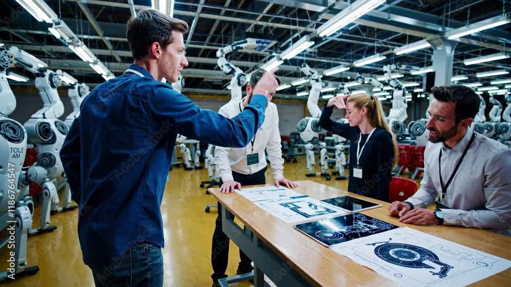 Fototapete engineers collaborating on robotic technology designs in a modern workshop environment