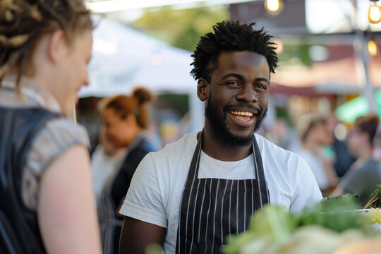 Afro-American Food Truck Chef Serving Delicious Meals to Diverse Customers with a Warm Smile in a Vibrant Urban Setting