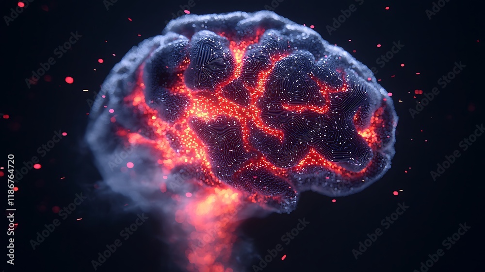 Poster artistic rendition of a human brain with glowing neural patterns and abstract effects showcasing the