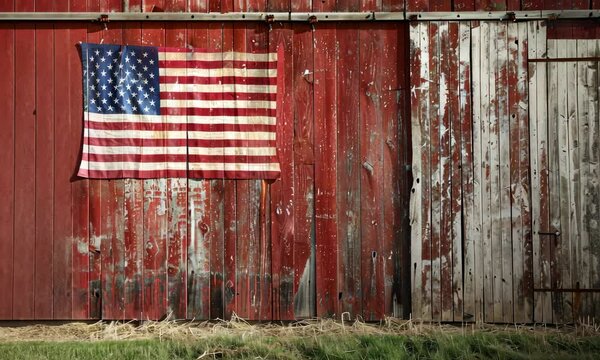 American flag on weathered barn wall with grass