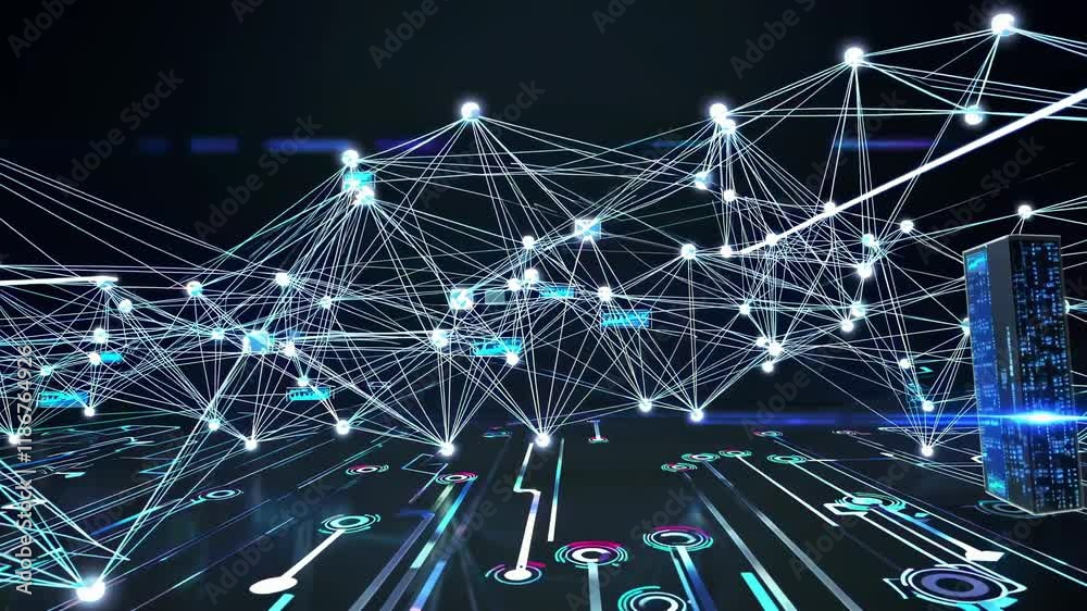Poster exploring advanced connectivity and networking technology in a futuristic digital environment