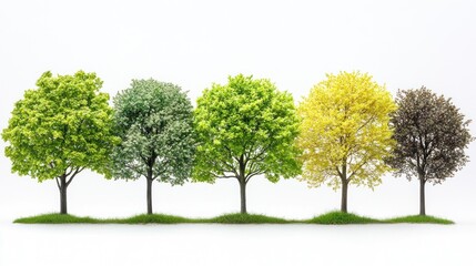 Fototapeta premium Five trees changing seasons on grassy knoll, white background, for seasonal concepts.