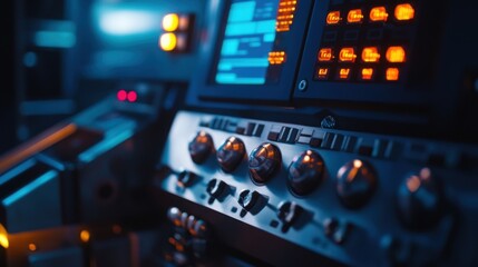 Futuristic control panel featuring illuminated buttons and a digital display of manufacturing data, creating a high tech industrial atmosphere for automation and technology projects