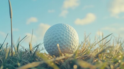 golf ball on a tee, surrounded by blades of grass