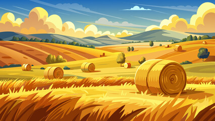 Hay bail harvesting in golden field landscape. Copy space image. Place for adding text and design © williamnoah