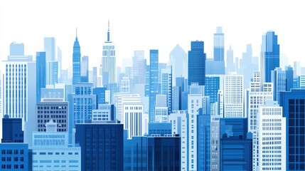 Obraz premium A simple vector illustration of a cityscape, featuring buildings in a blue and white color palette, with a flat design on a white background. illustration