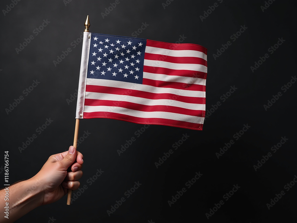 Poster an american flag held by a hand against a black textured background with ample copy space surroundin