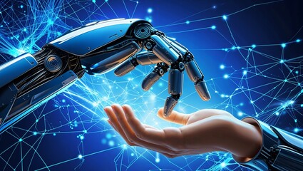 AI, Machine learning, Hands of robot and human touch on big data network, Brain data creative in light bulb, Science and artificial intelligence technology, innovation for futuristic