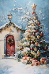 This enchanting winter scene portrays a snow-covered Christmas tree adorned with ornaments beside a cozy cottage. Wrapped gifts add to the festive charm, perfect for holiday inspiration