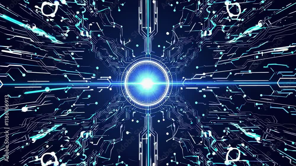 Poster visual representation of digital energy flowing through a central point in a futuristic landscape