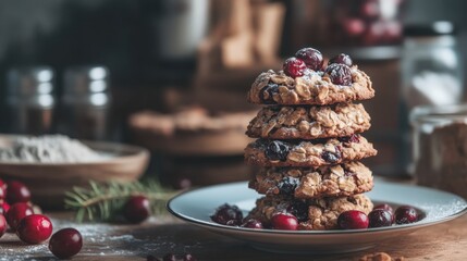 Fototapeta premium Freshly Baked Cookies with Cranberries and Oats on Rustic Table