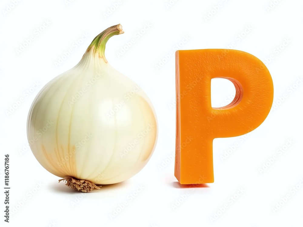 Poster alphabet letters o and p made from onion and pumpkin isolated on a white background for illustration