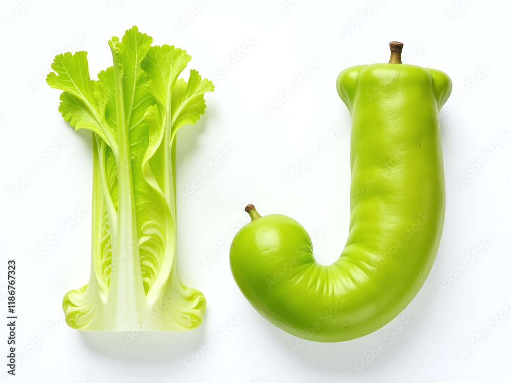 Poster alphabet letters i and j made from iceberg lettuce and jackfruit are isolated on a white background 