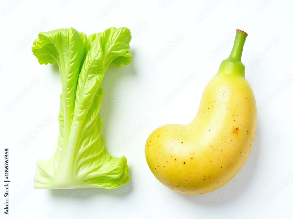Poster alphabet letters i and j made from iceberg lettuce and jackfruit are isolated on a white background 