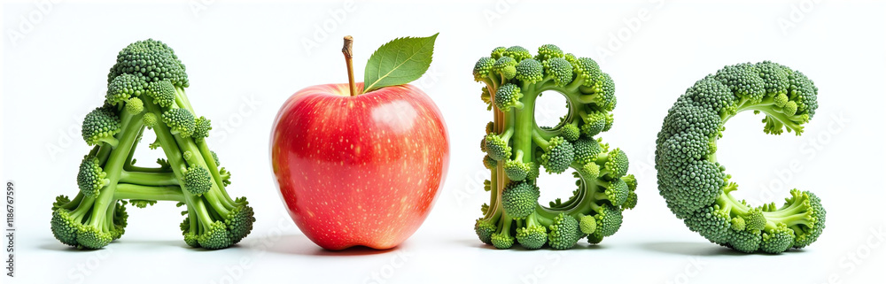 Poster alphabet letters a and b are made from apple and broccoli, isolated on a clean white background for 
