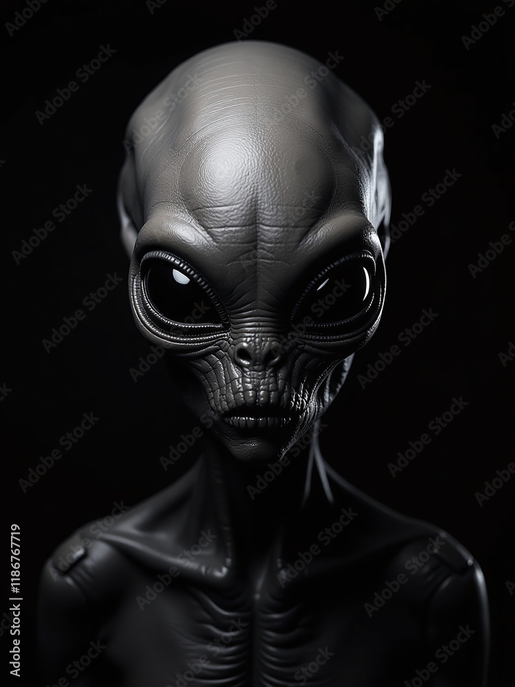 Poster Alien Portrait With Striking Contrast Presented On A Simple Black Background Banner For A Bold Visual Effect Display. 00002