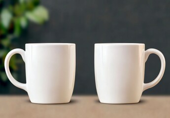 Two Blank Coffee Mugs: Two pristine white ceramic coffee mugs stand side by side on a wooden surface, ready for customization. The perfect canvas for creative designs, inspiring messages.
