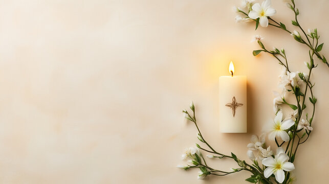 Sacred journey with a beige background featuring a spiritual candle adorned with flowers - Powered by Adobe
