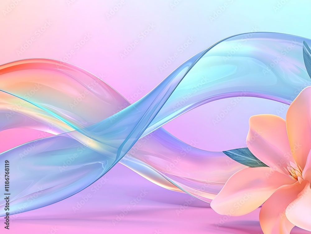 Poster surreal abstract background with undulating iridescent ribbons and shapes in kaleidoscopic gradients