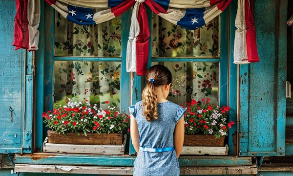 Young girl with ponytail in blue dress looking at flower boxes on rustic wooden house window draped patriotic flag