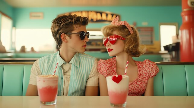 A 1950s-inspired diner date scene, with heart-shaped milkshakes and jukebox melodies, the couple lost in love, warm pastel tones dominate