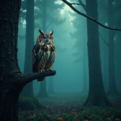A lone owl perches on a branch in the misty forest at night, wildlife, branch