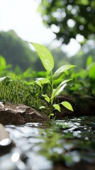 Small plant growing by a stream in a lush green forest.