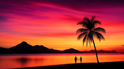 Silhouettes of a couple holding hands at sunset on a beach, vibrant orange and pink sky, serene and loving mood
