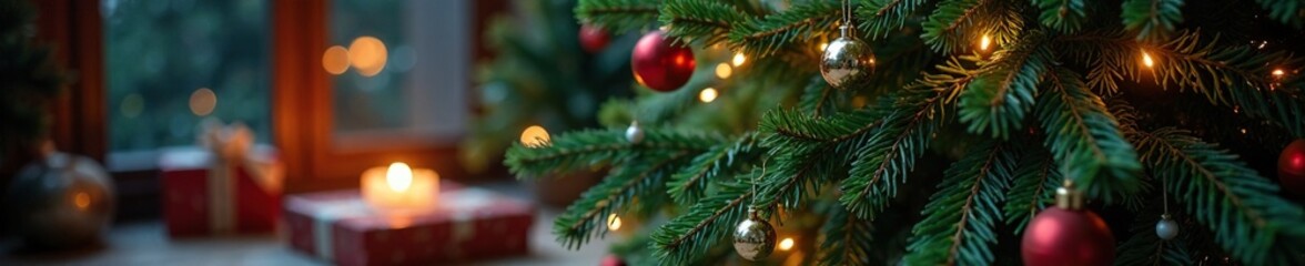 A majestic evergreen tree with presents and candles under its branches, Christmastime, Xmas