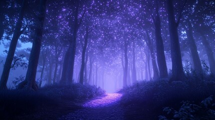 Fototapeta premium Magical purple forest path at night.