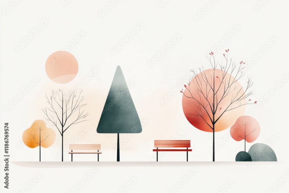 Poster a flat design of a modern urban street with minimalistic details, featuring a few trees and benches 