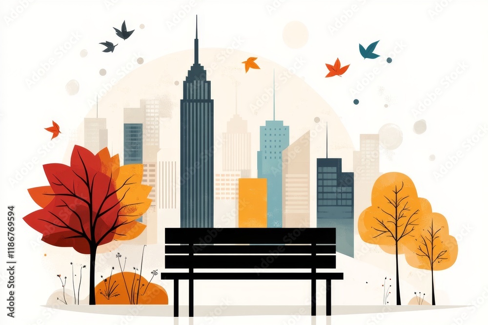 Poster a flat design of a modern urban street with minimalistic details, featuring a few trees and benches 