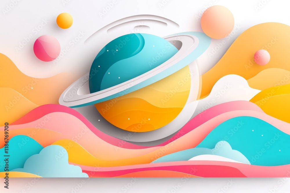 Aufkleber A flat design of a planet with rings, surrounded by minimalist dots representing stars in soft pastel colors
