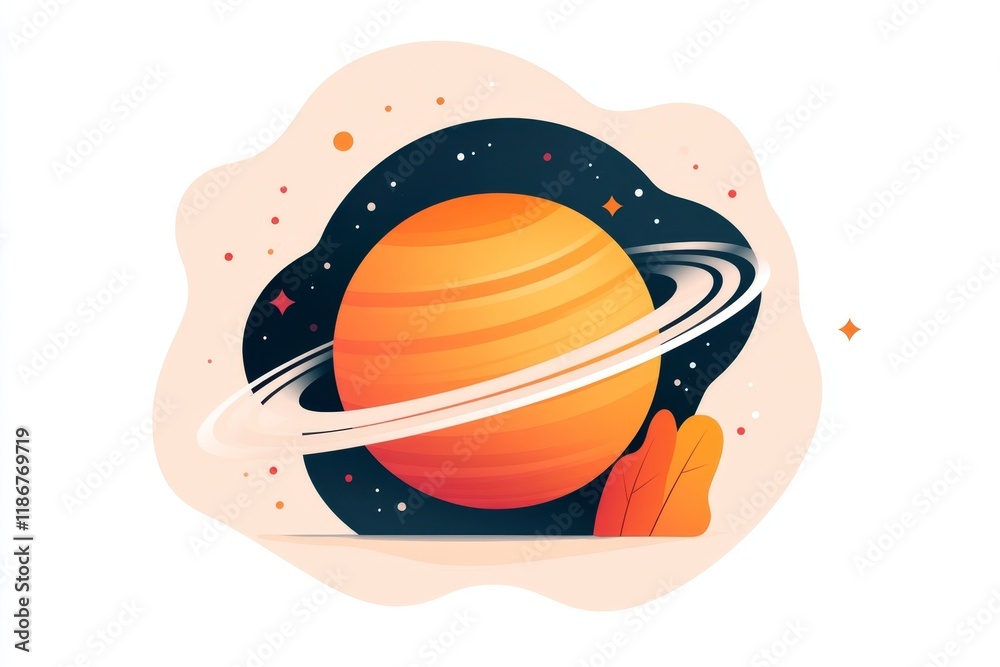 Aufkleber A flat design of a planet with rings, surrounded by minimalist dots representing stars in soft pastel colors