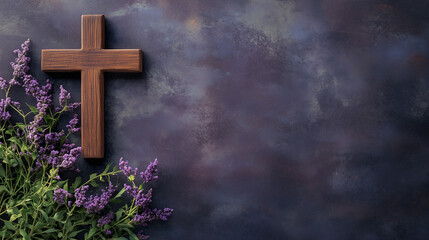 Purple Background Adorned with a Crucifix, Surrounded by the Soothing Scent of Lavender	